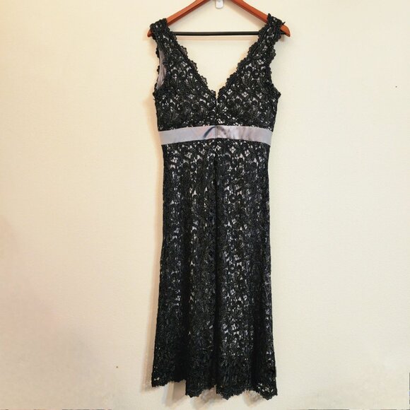 TADASHI SHOJI COLLECTION Black Lace Gray Lined Evening Dress Women 10 Stunning - Picture 7 of 12